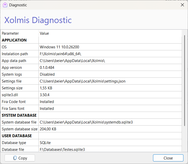 Diagnostic dialog