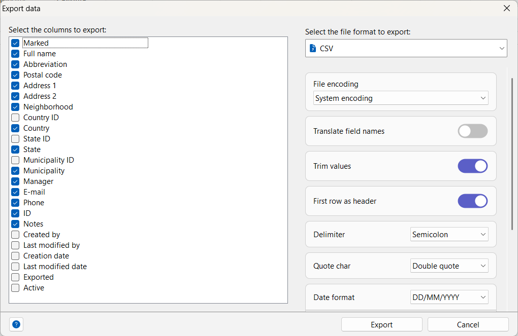 Export dialog