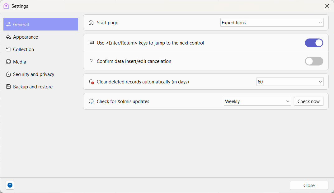 Settings dialog